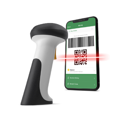 a mobile phone with qr-code scanned by a barcode scanner